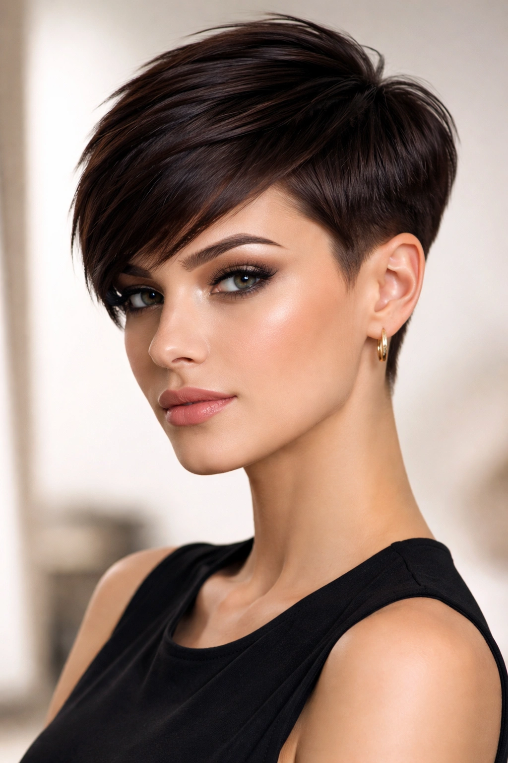 Head-on shot of a model with a sleek geometric pixie showing crisp lines