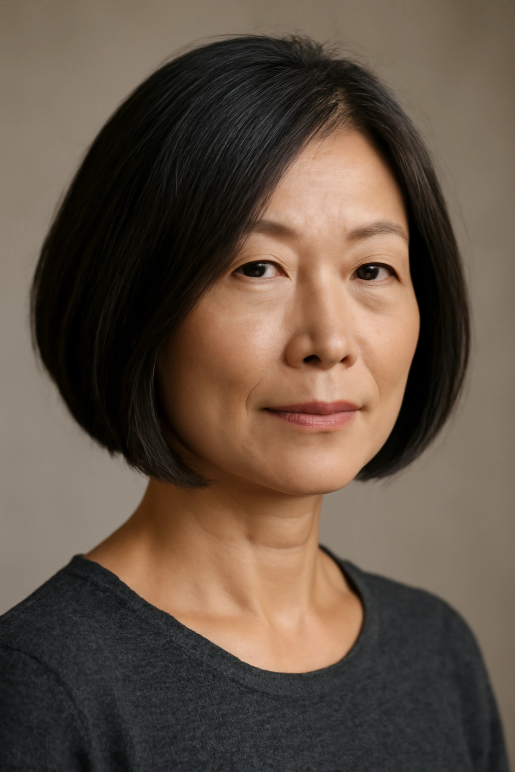 10 Short Haircuts for Asian Women Over 50 to Try 5 Portrait of an Asian woman over 50 with a sleek graduated bob.