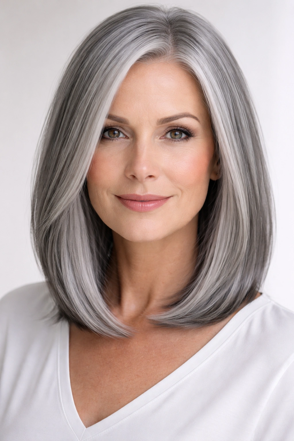 Sleek gray lob hairstyle with glossy finish.