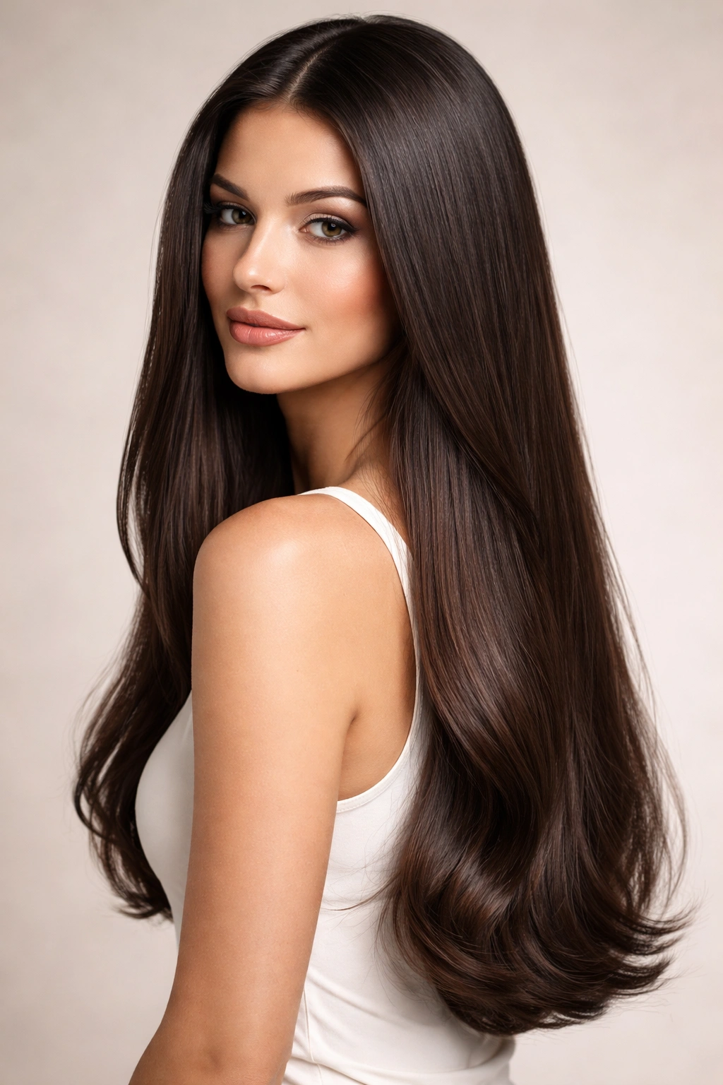 Portrait of a model with long sleek hair and subtle ends waves