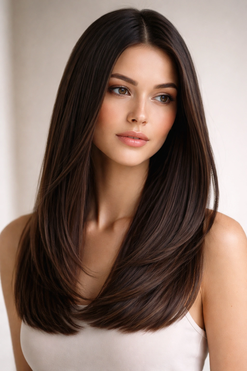 15 Sleek Medium Haircuts For Women With Straight Hair 13 Close-up of straight hair with invisible layers gently moving, highlighting sleek shine