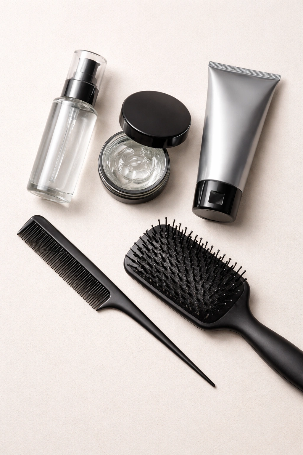 Flat lay of unbranded hair products and tools for sleek hairstyles