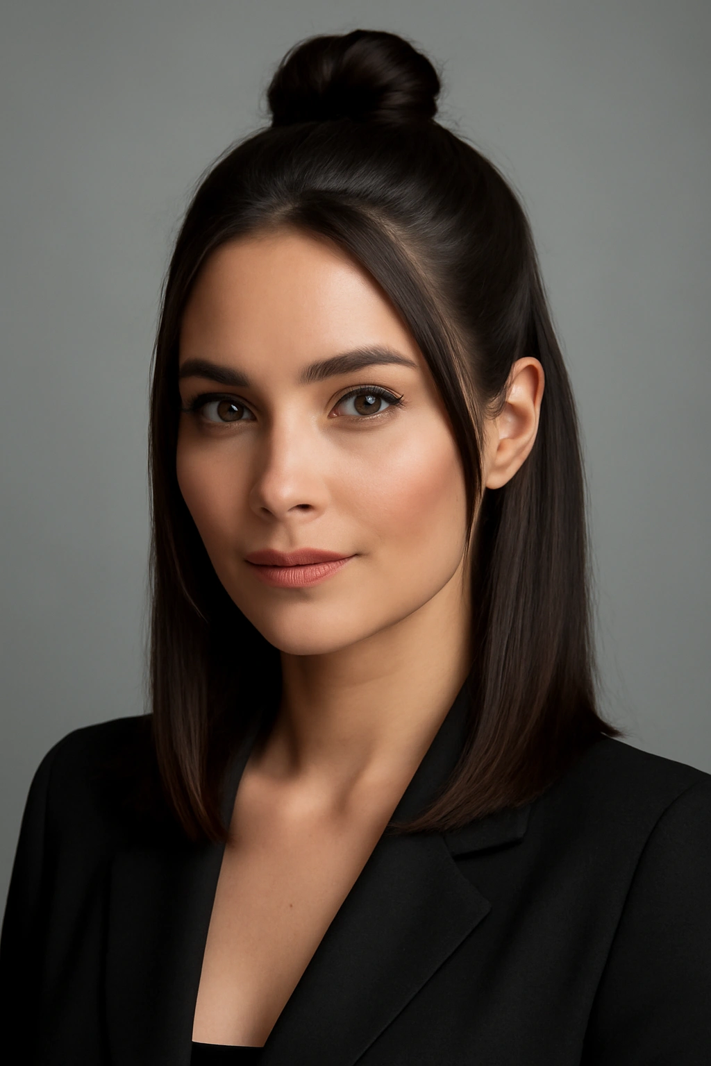 12 Easy Half Up Hairstyles for Work or Weekends 1 Close-up of sleek half bun with face-framing layers in a professional studio setting