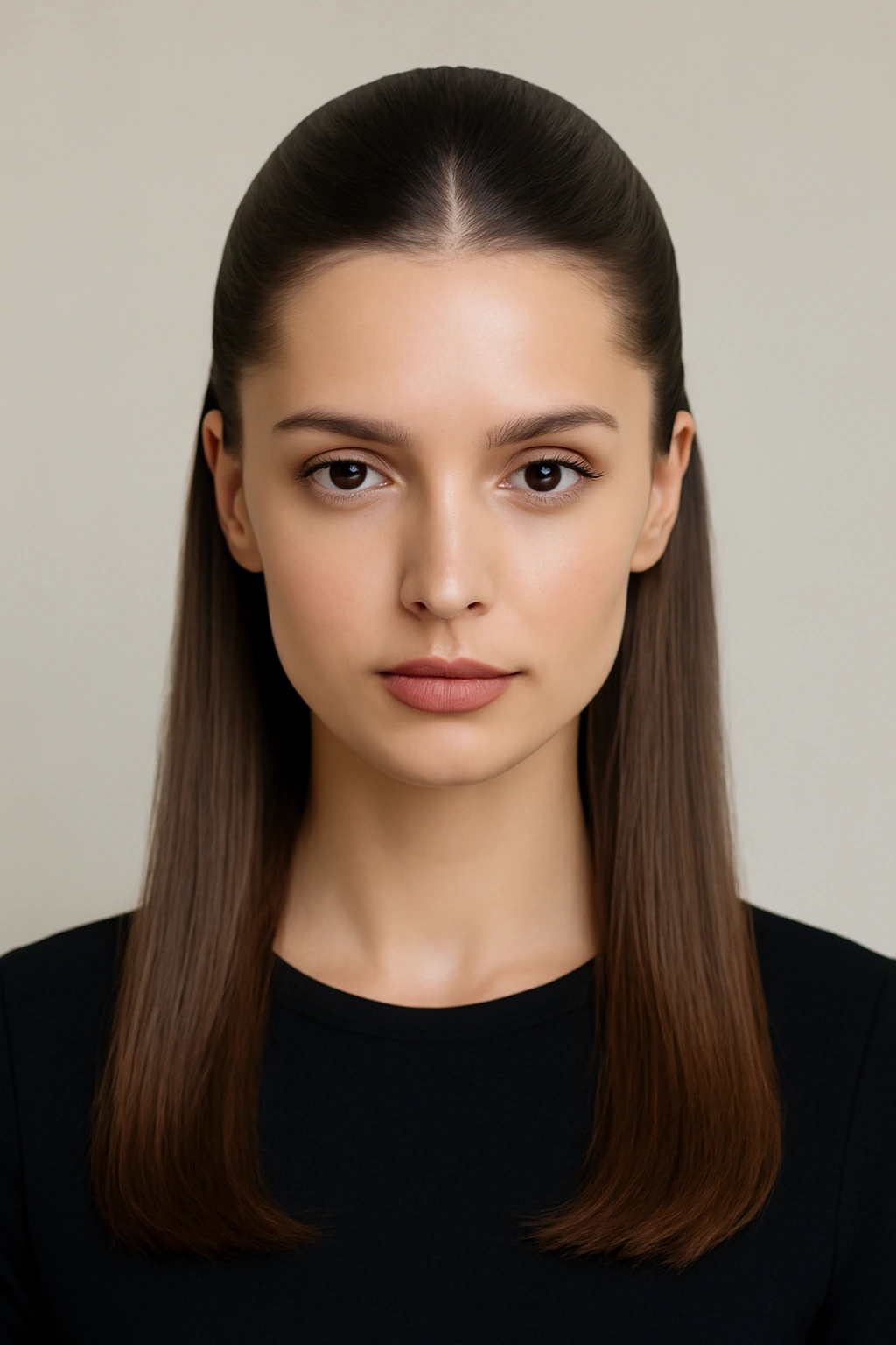 Sleek center-parted half-up ponytail with glossy, straight hair