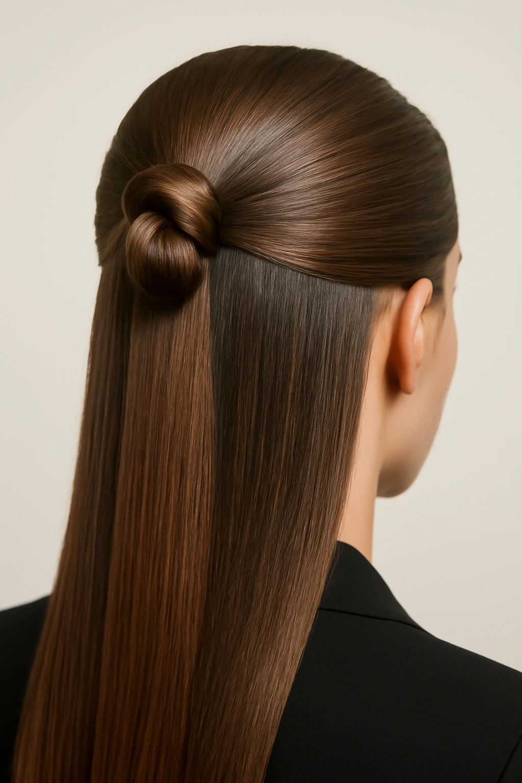 Sleek half-up knot with glossy straight hair