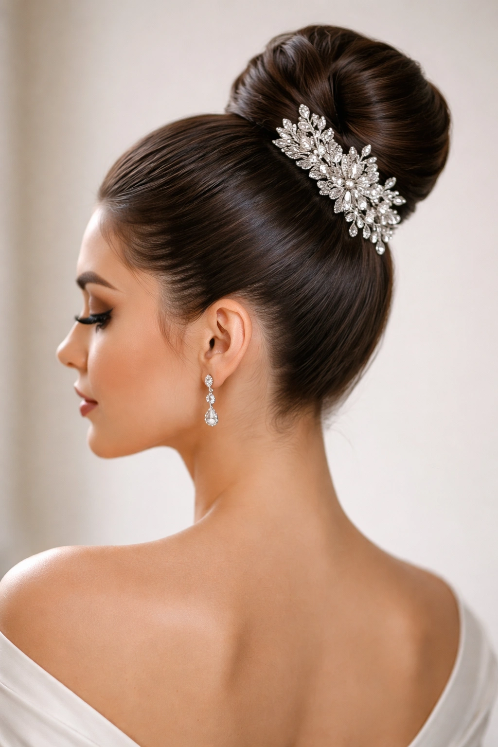 Sleek high bun at crown with decorative accessory