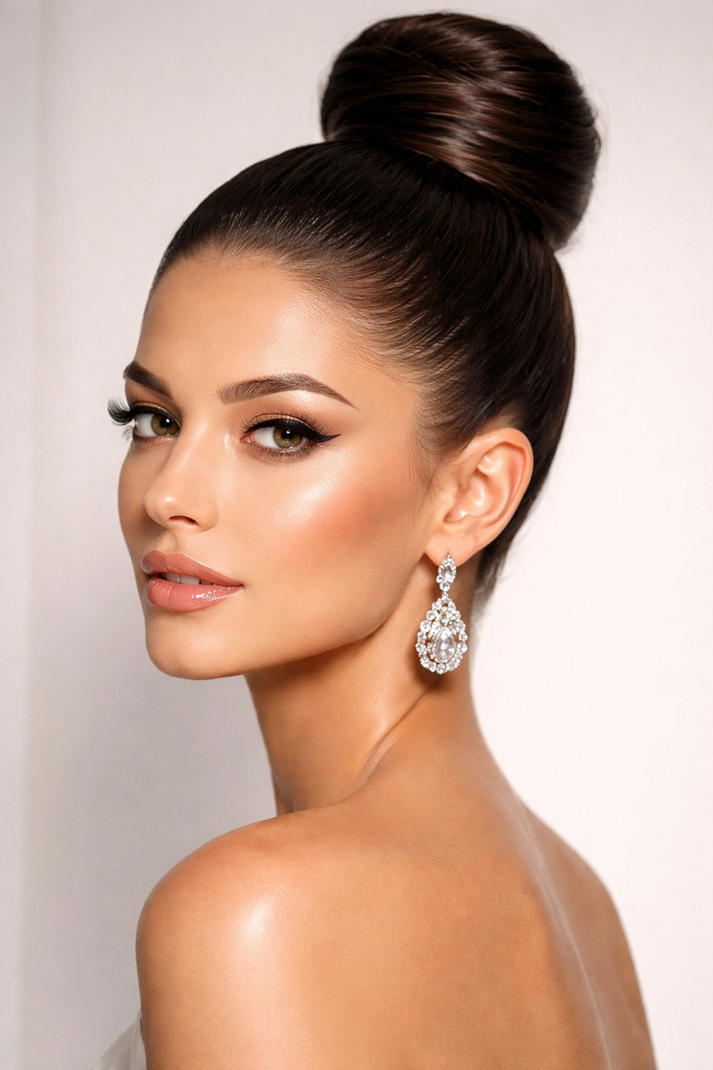 Front-side view of a sleek high bun with flawless smoothness and shine.