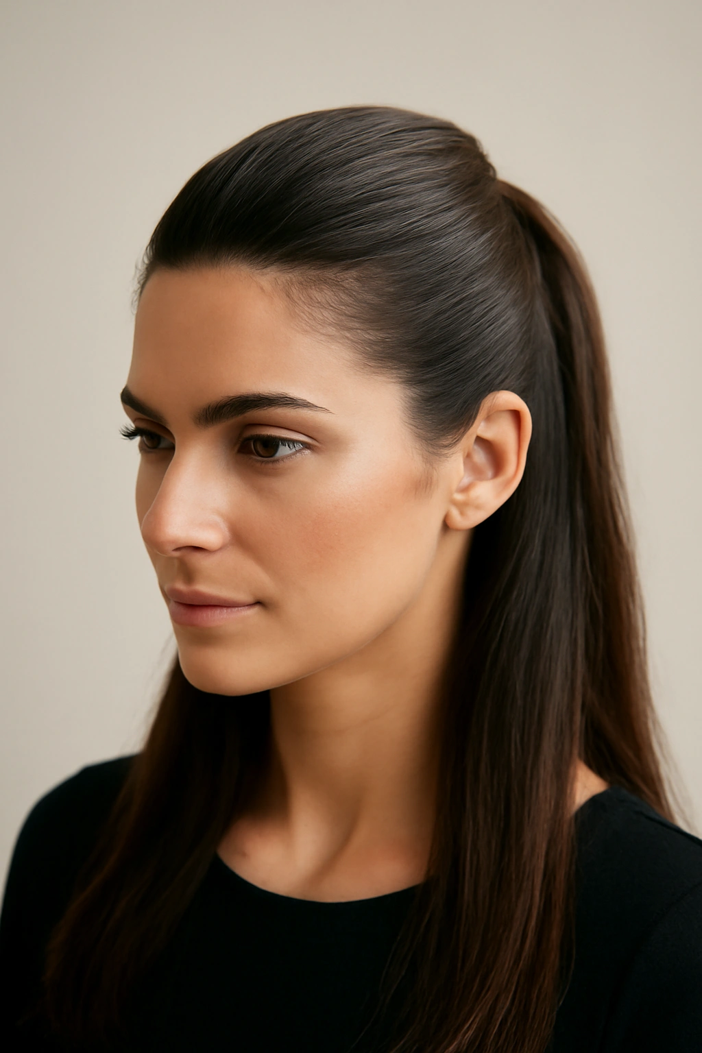 12 Easy Half Up Hairstyles for Work or Weekends 6 Close-up of a sleek high half-up hairstyle with glossy finish