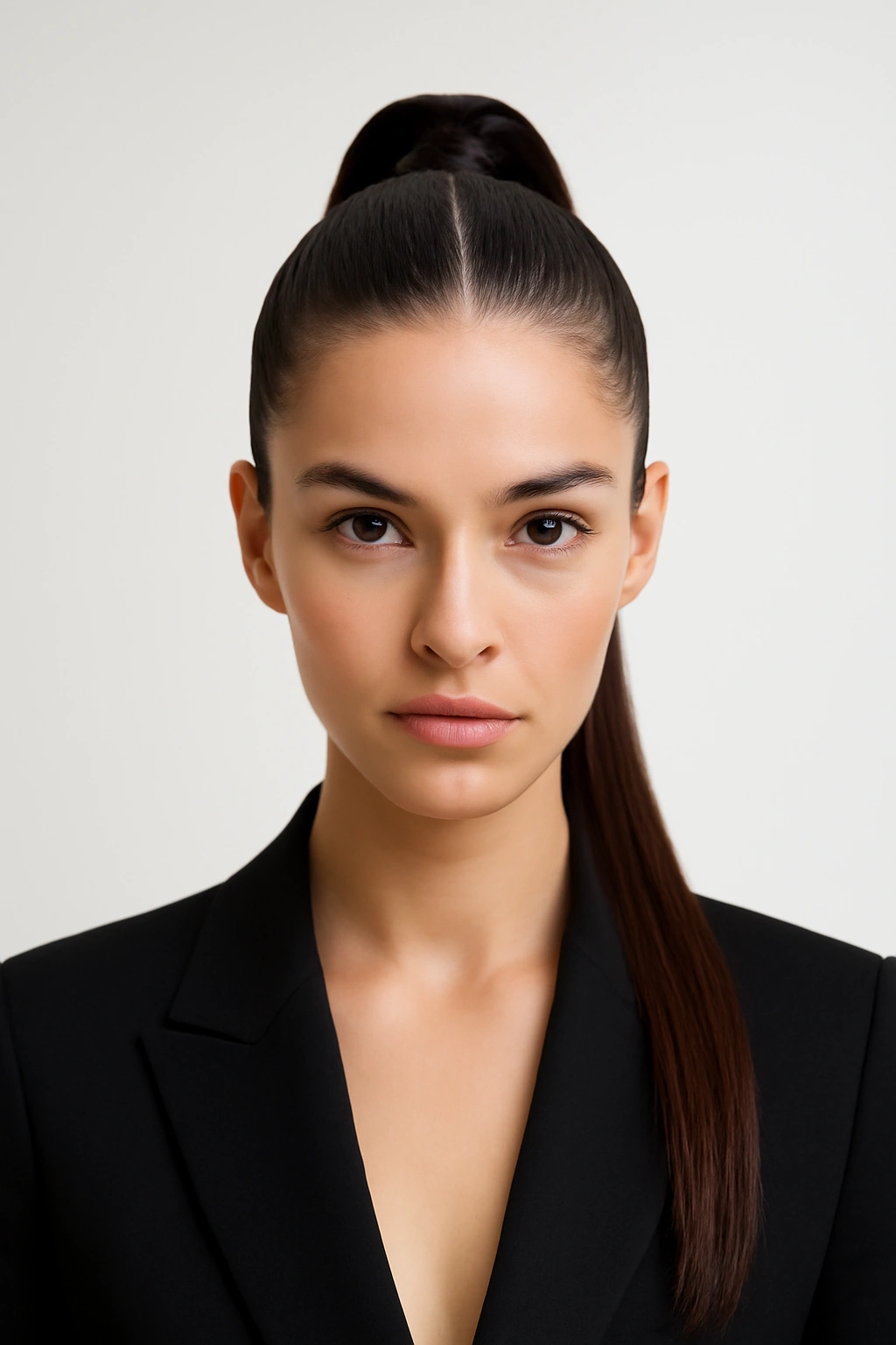 Front view of a sleek high ponytail with a perfect center part