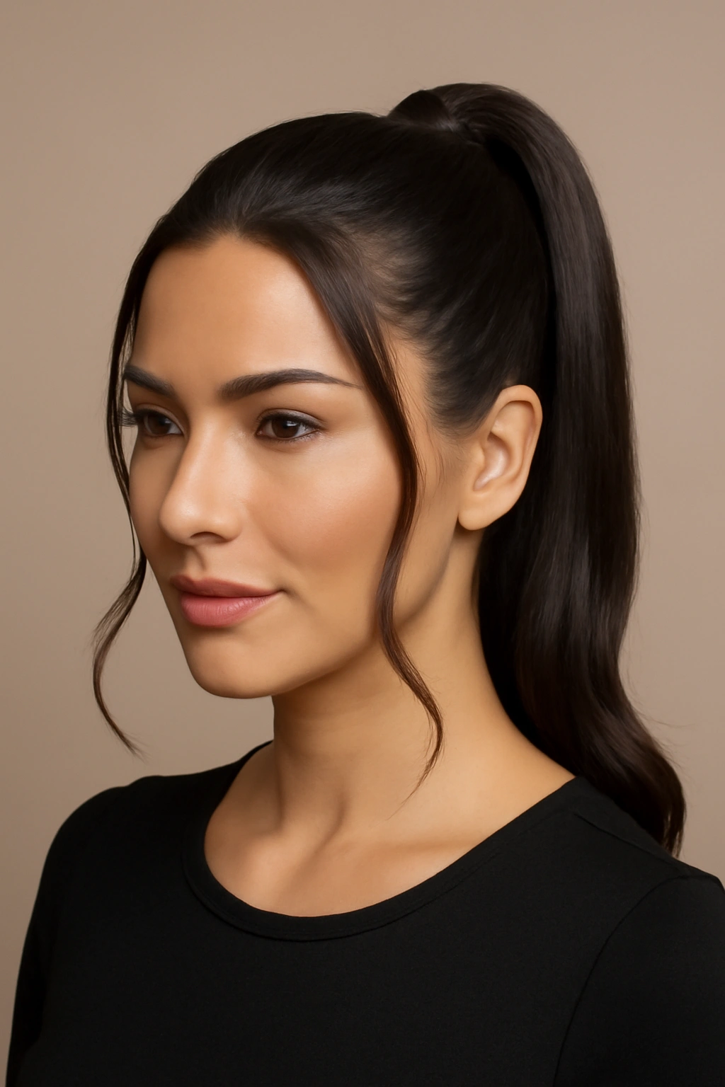 Glossy high ponytail with face-framing strands at temples