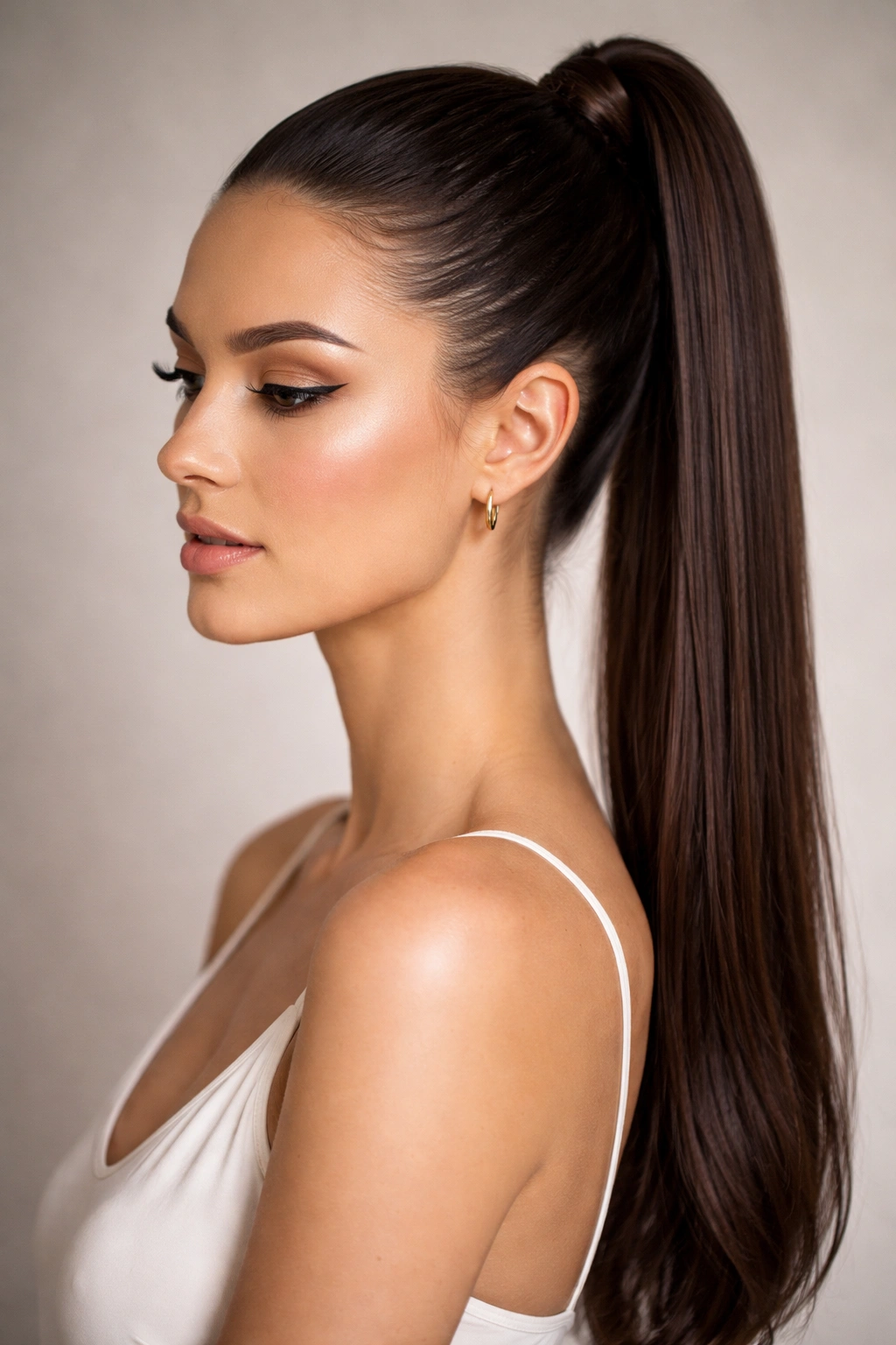 15 Hairstyles That Flatter An Oval Face Shape 6 Close-up of a sleek high ponytail pulled tight, revealing a clean silhouette