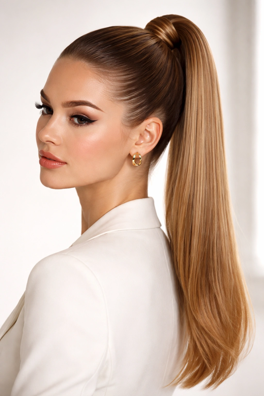 Sleek high ponytail with wrapped base and no flyaways