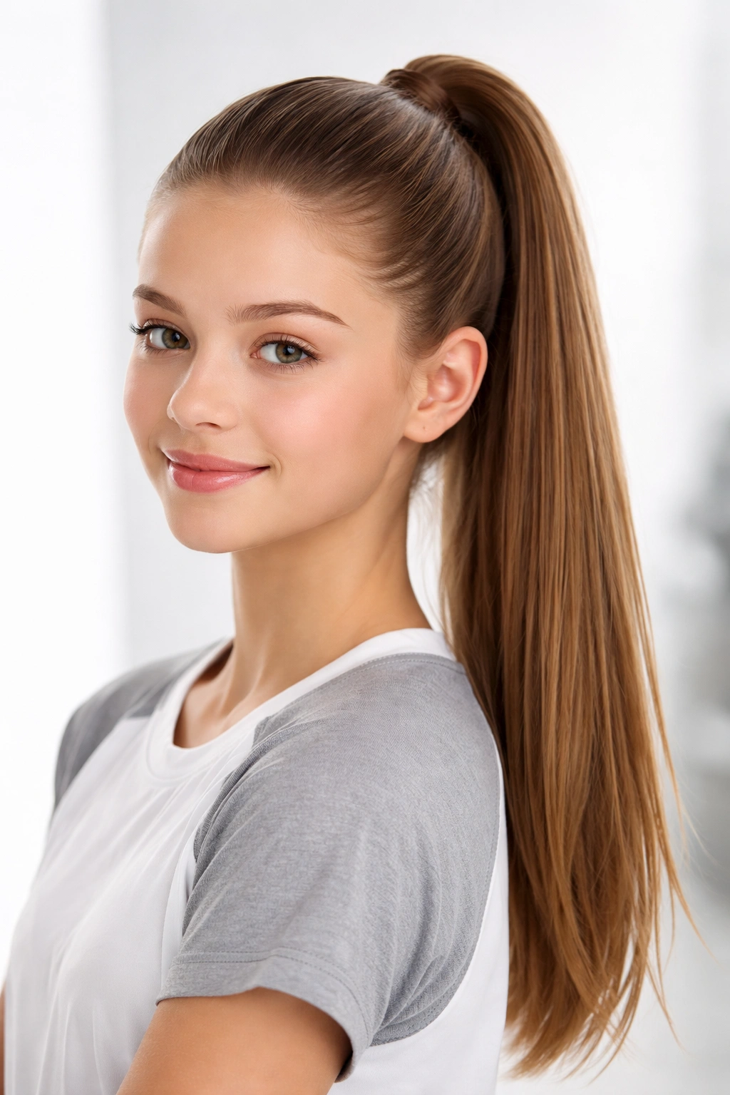 Sleek high ponytail on teen girl with smooth, polished finish