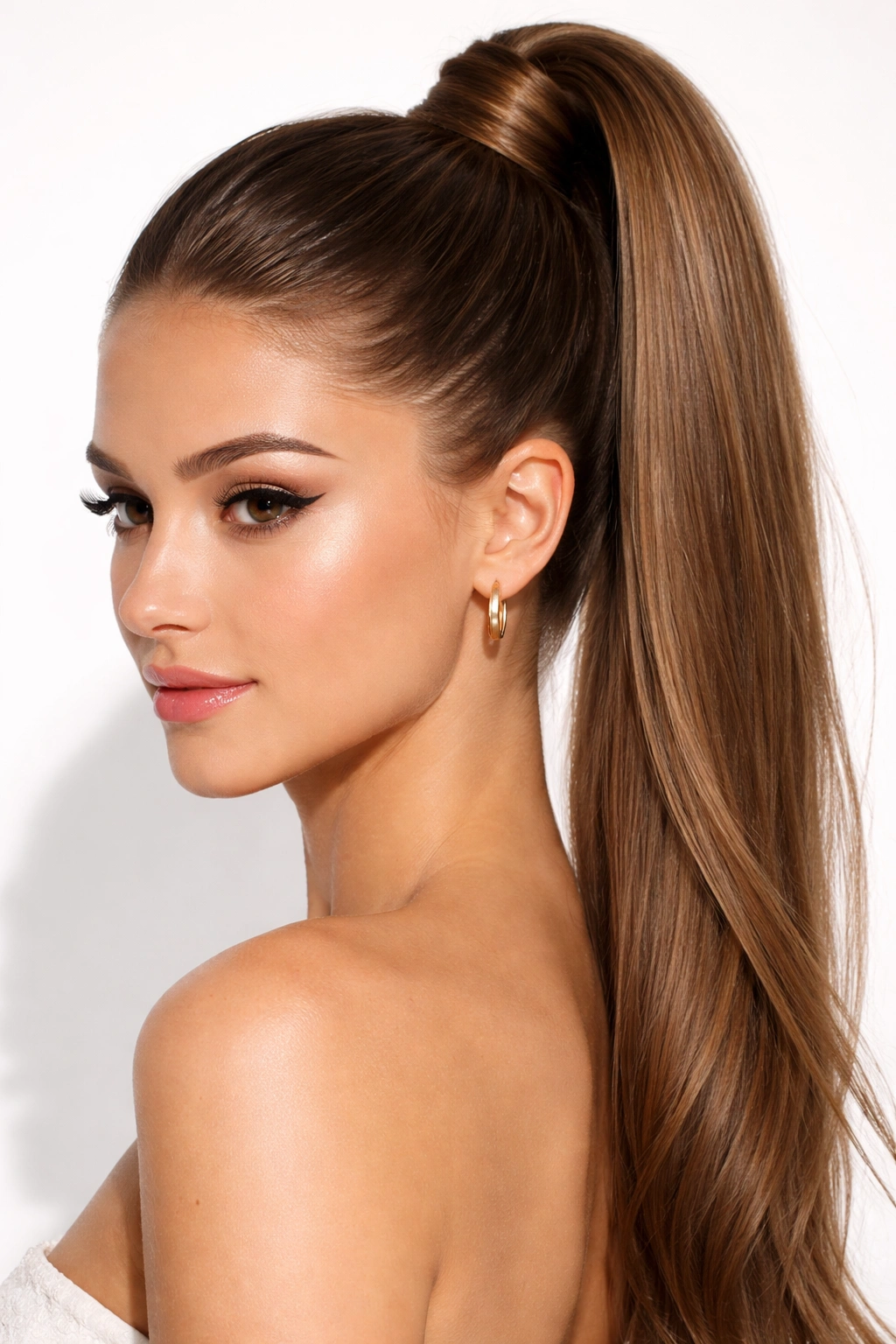 Sleek high ponytail with wrapped elastic detail.