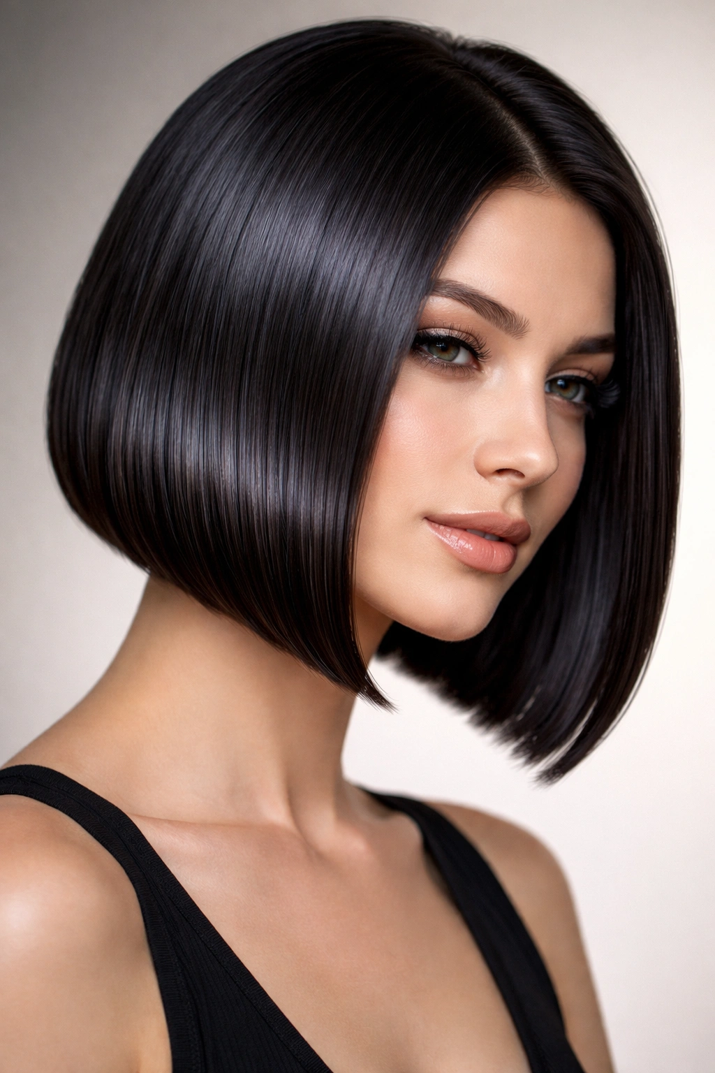 Sleek straight inverted bob with glossy shine and precise line