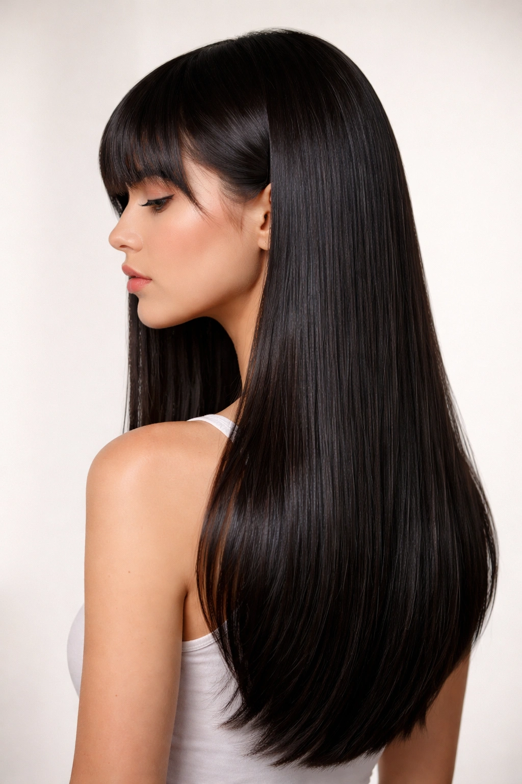 10 Jellyfish Haircuts For Trend Loving Women 3 Portrait of a model with a sleek straight jellyfish hairstyle showing smooth texture and glossy finish.