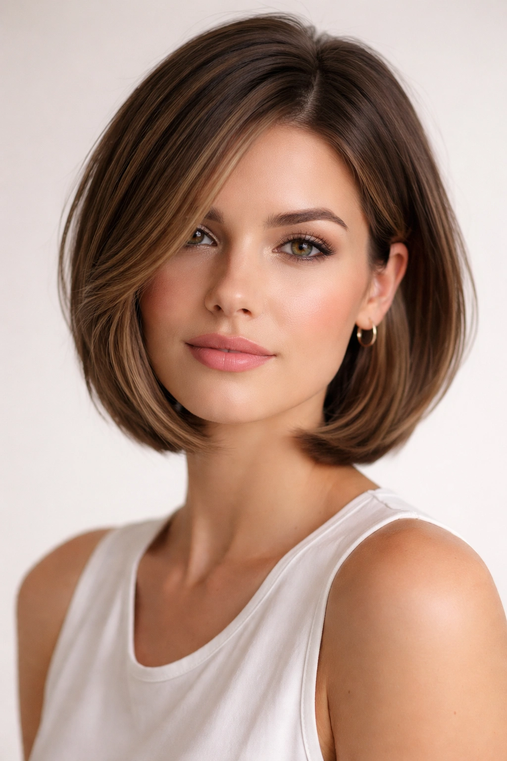 Front-facing portrait of a person with a sleek layered bob showing a polished exterior and soft movement