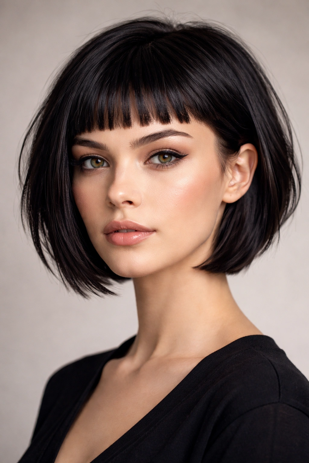 Close-up of a sleek layered bob with micro bangs and glossy finish