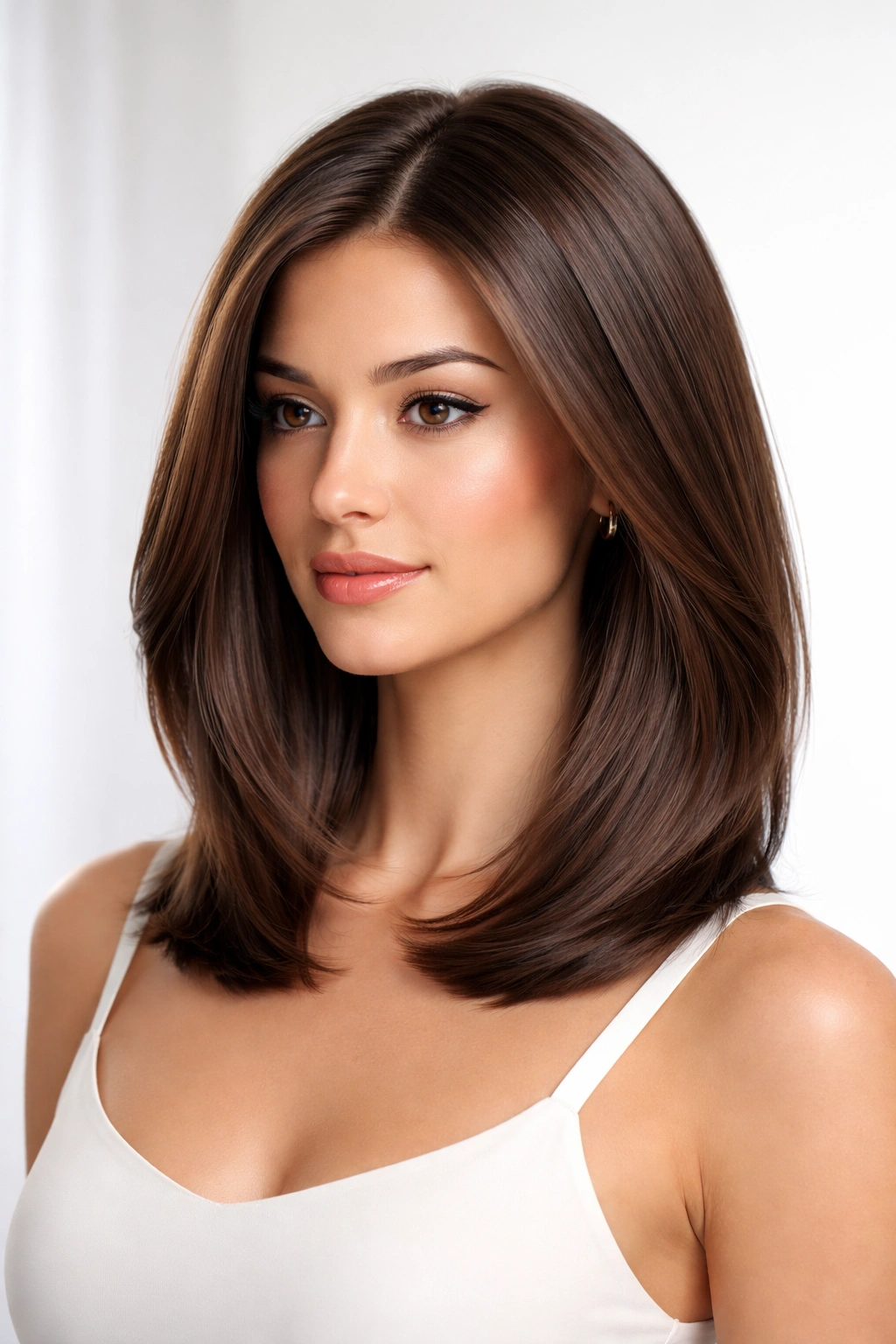 Sleek layered lob with smooth shine and subtle movement