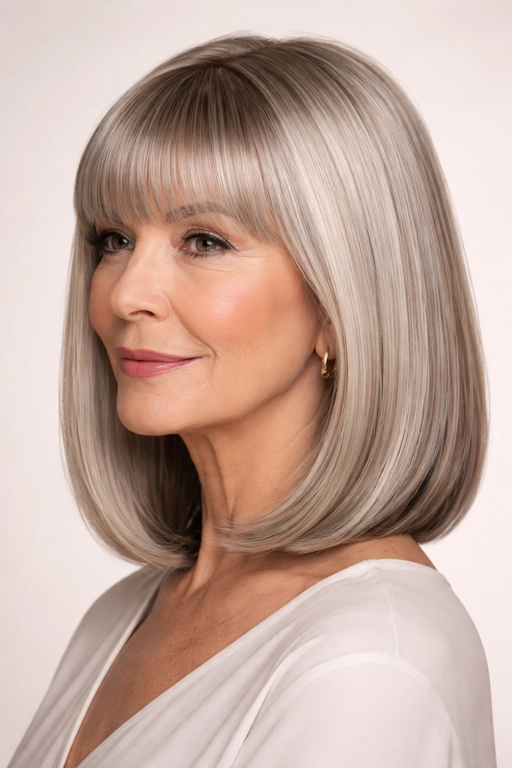 Sleek lob with straight-across bangs; crisp edge and polished shine.