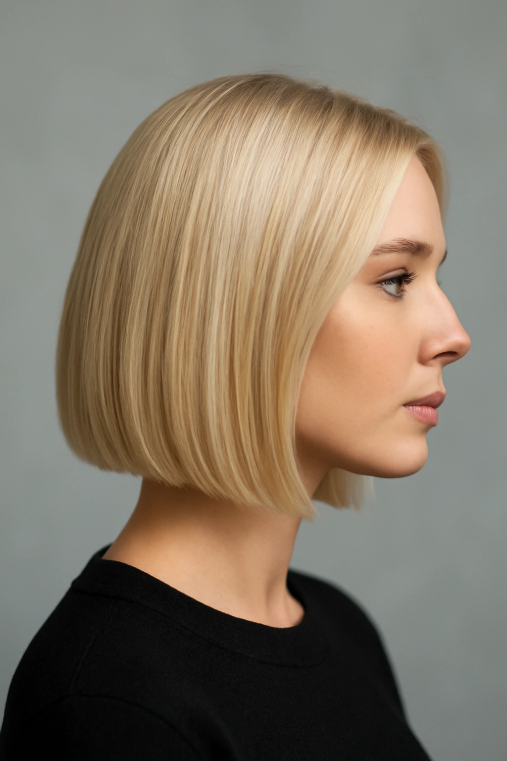 15 Short Blonde Haircuts to Bring to Your Next Appointment 4 Blonde sleek modern lob with blunt bottom edge in minimal studio portrait