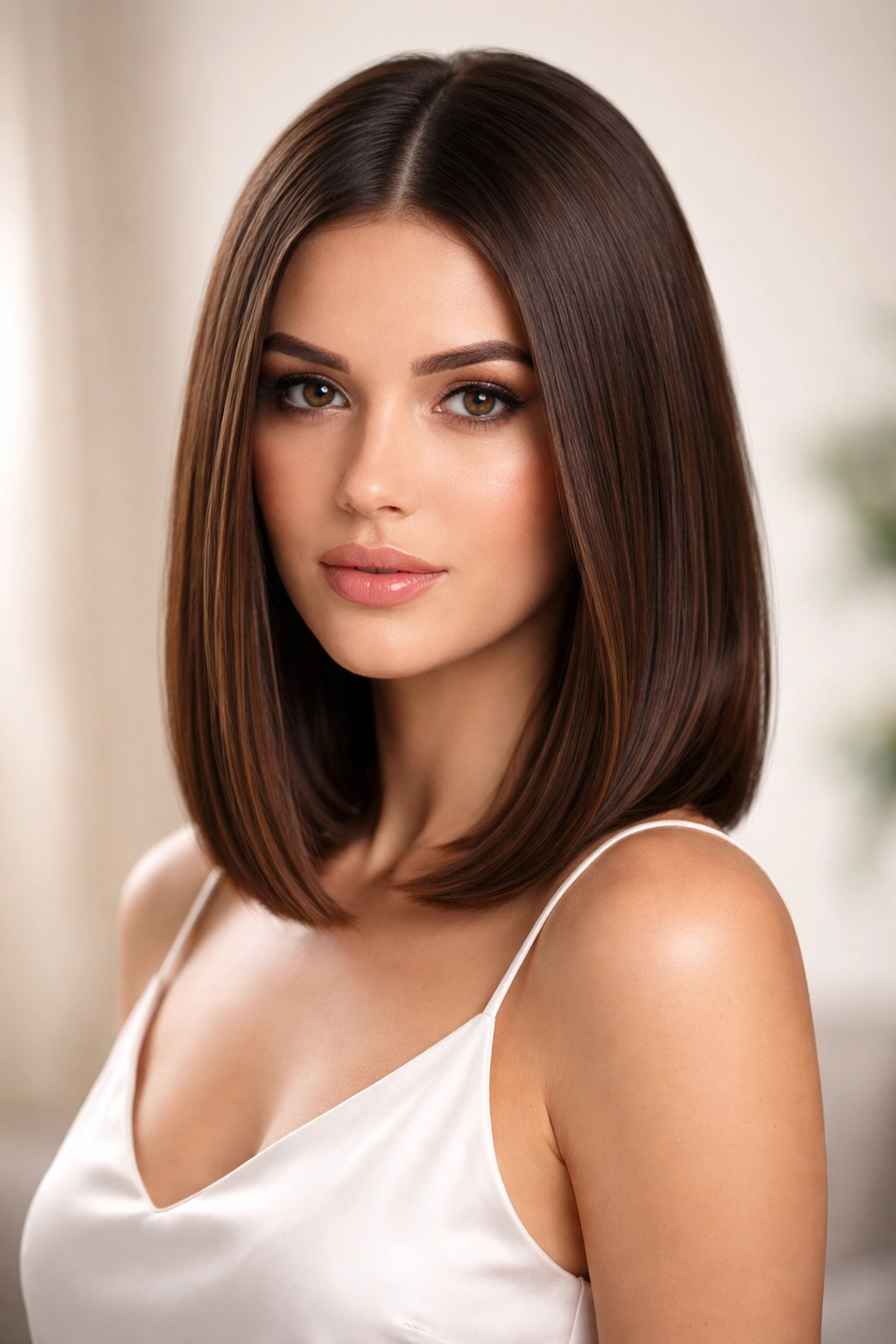 Sleek lob with center part on straight glossy hair