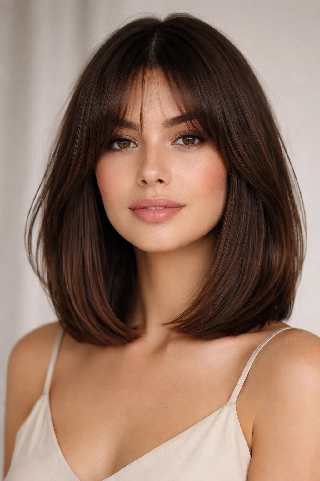 15 Medium Short Haircuts With Bangs That Flatter 6 Portrait of a model with a sleek lob and curtain bangs in studio