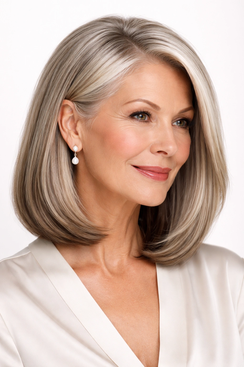 Shoulder-length glossy bob with straight, sleek finish