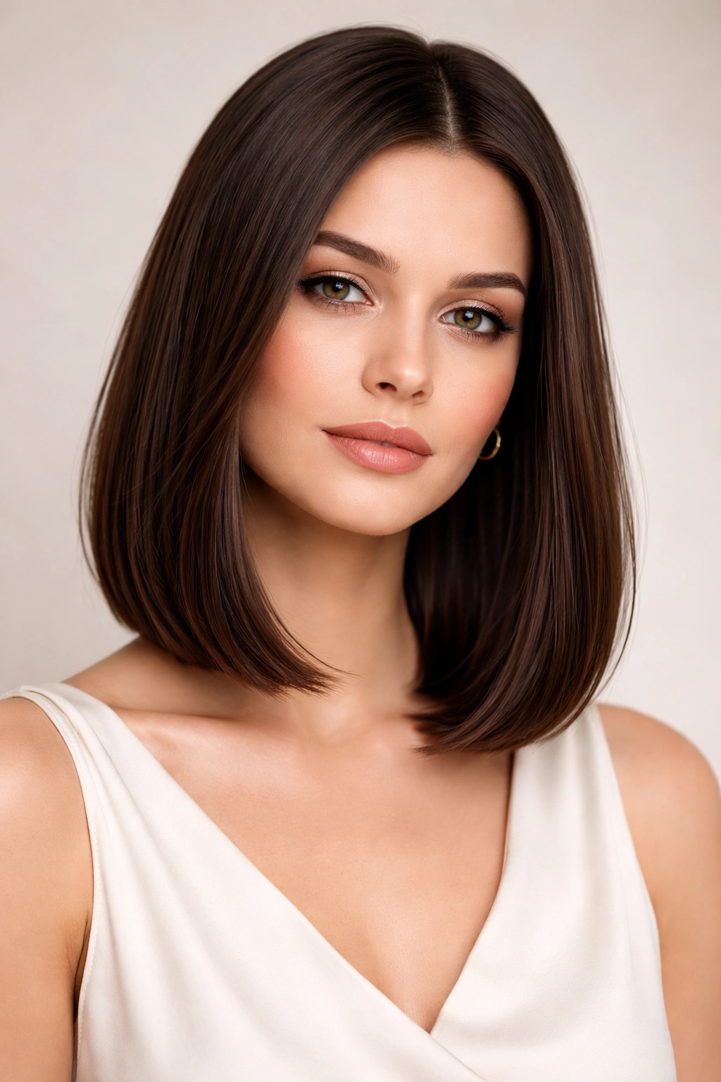 Close-up of a person with a sleek lob haircut, glossy shoulder-length hair