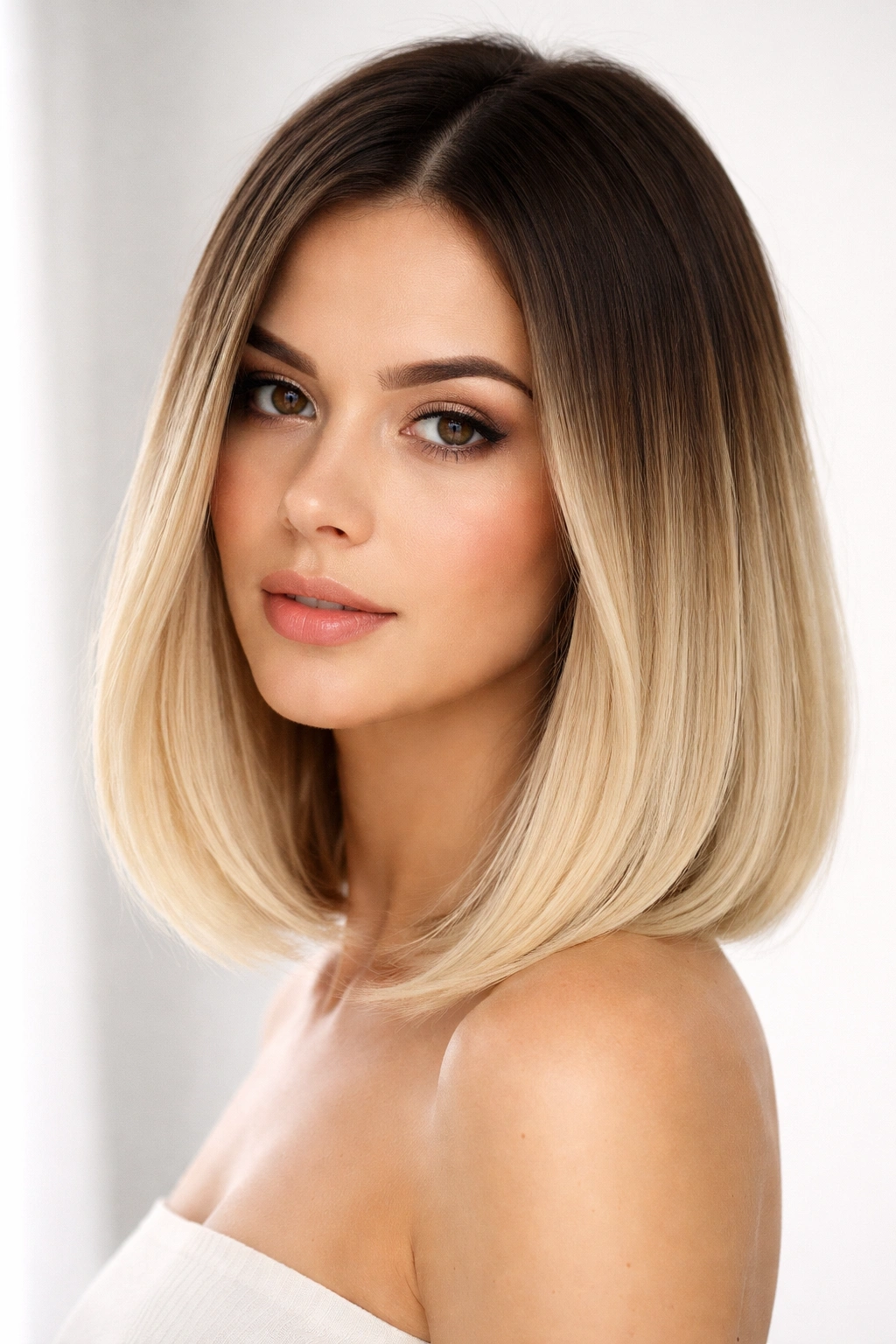 Sleek lob with seamless root melt ombre