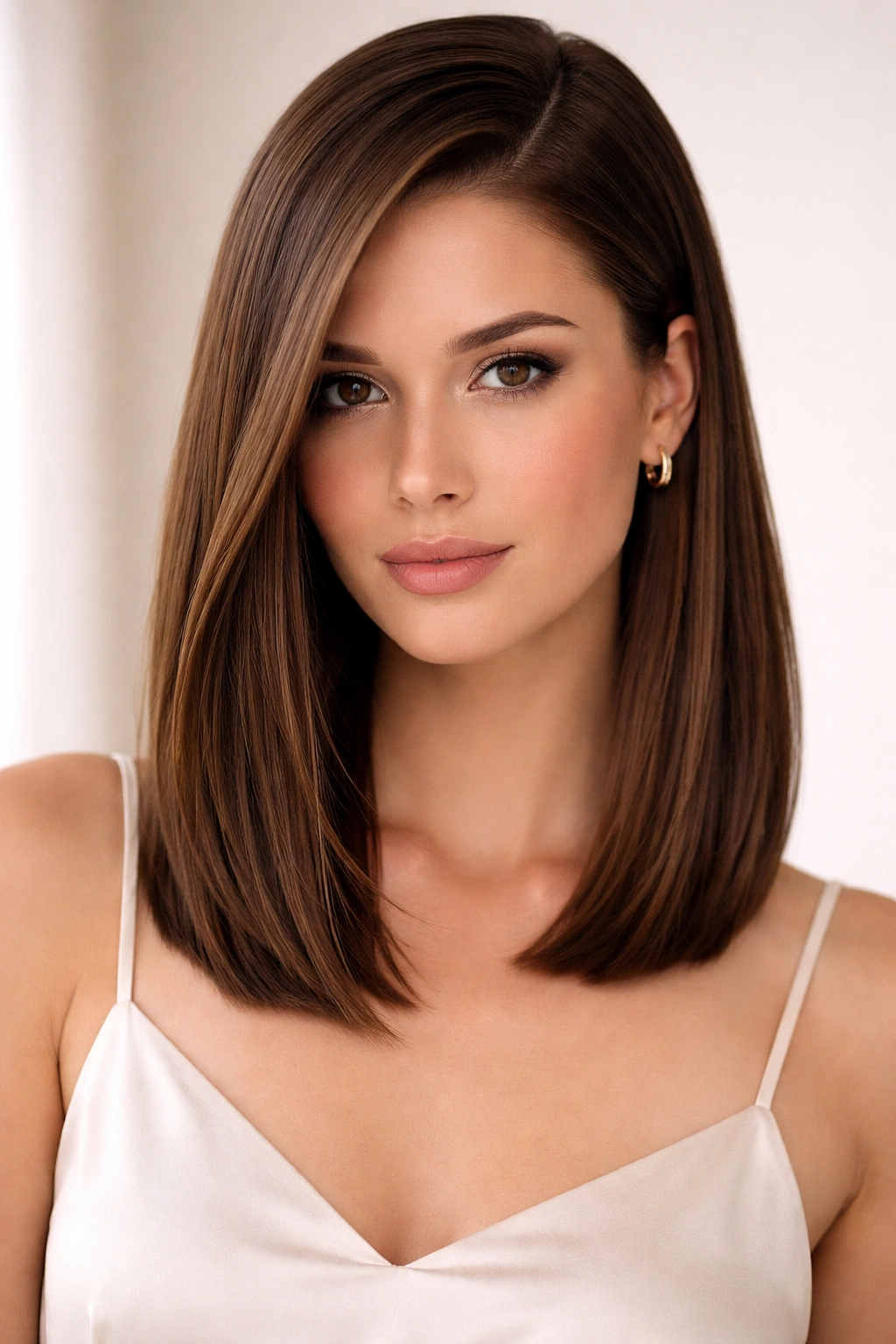 15 Hairstyles That Beautifully Flatter Long Faces 6 Sleek straight lob with a deep side part and glossy finish