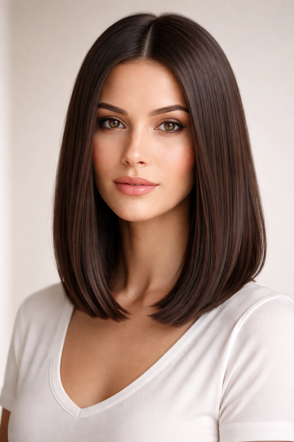 Close-up of a sleek, straight long bob (lob) with glossy hair from shoulder to collarbone