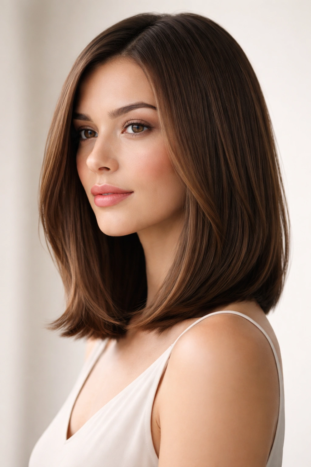 Portrait of a model with a sleek long bob and subtle layers, movement and shine.