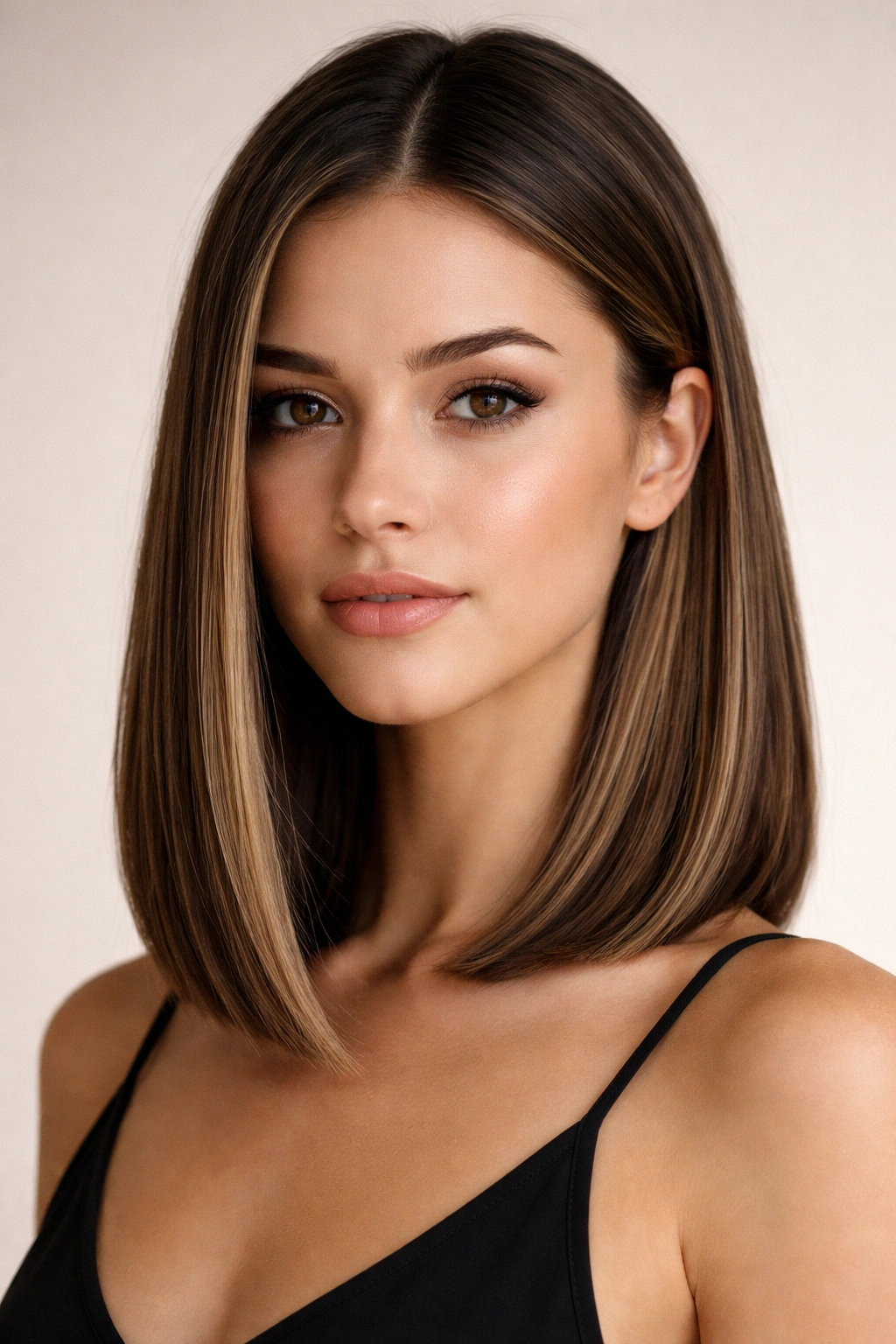 25 Bob Cuts Matched To Your Face Shape And Hair 18 Triangle-faced model with straight hair in a sleek lob