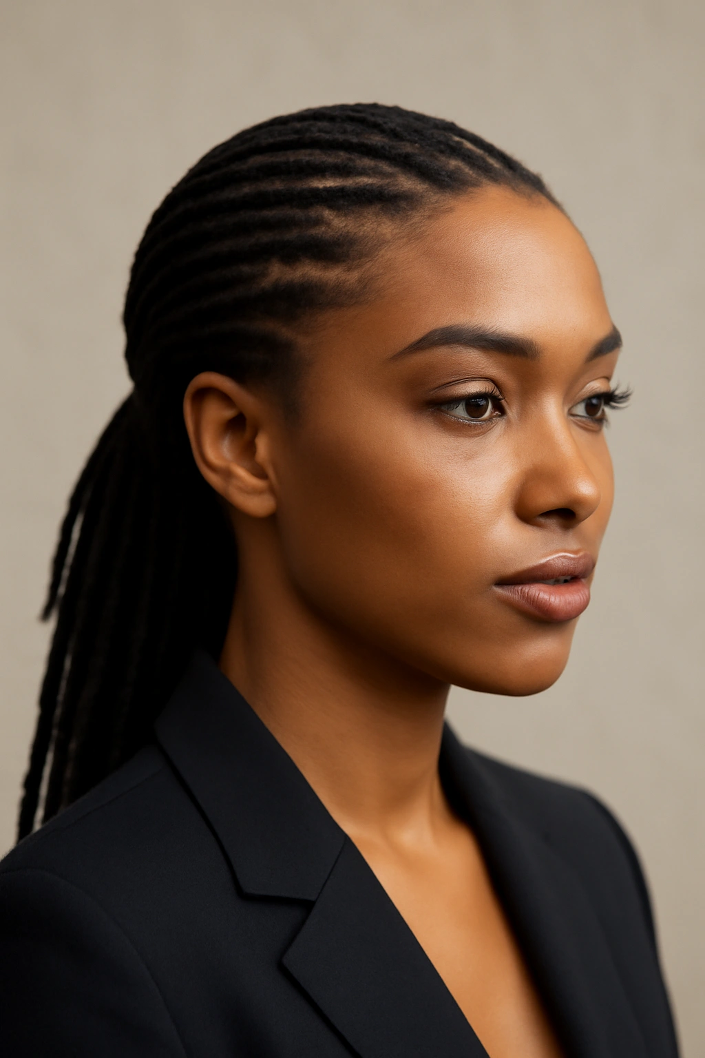 15 Loc Hairstyles That Work for Both Office and Play 7 Sleek back locs close-up portrait with smooth glossy hair swept back