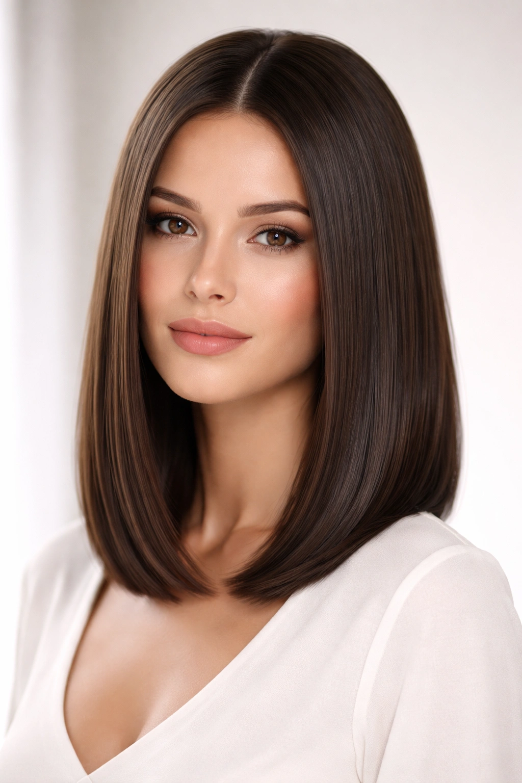 Sleek long bob with smooth, glossy straight hair.