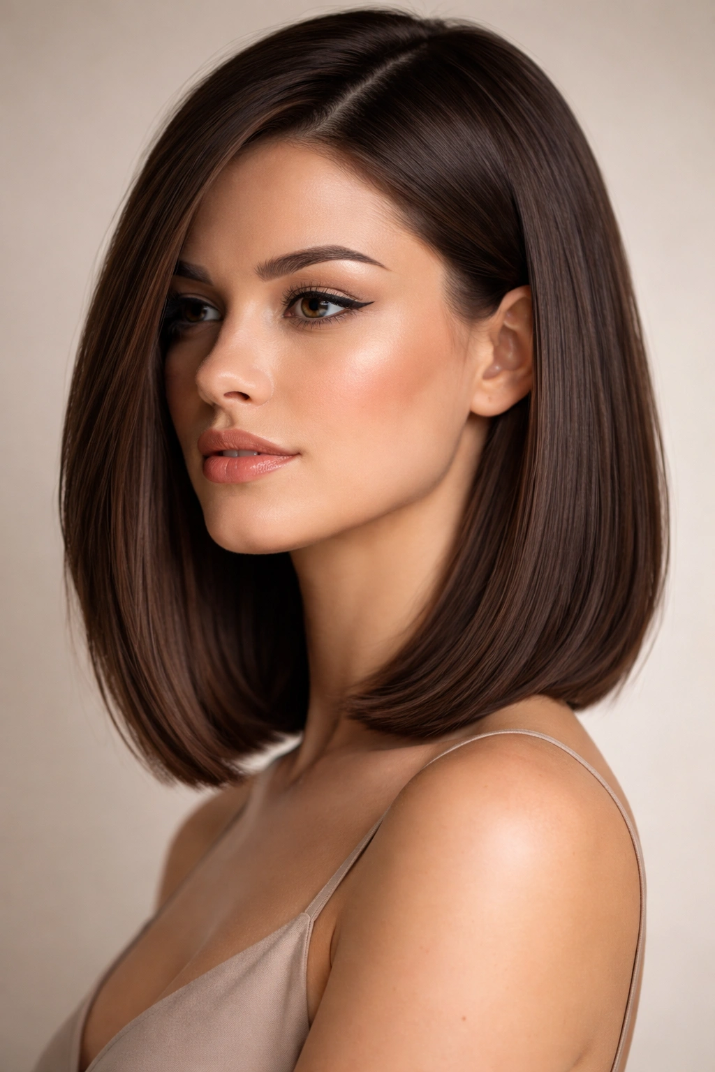 Person with sleek long bob at collarbone length and deep side part.
