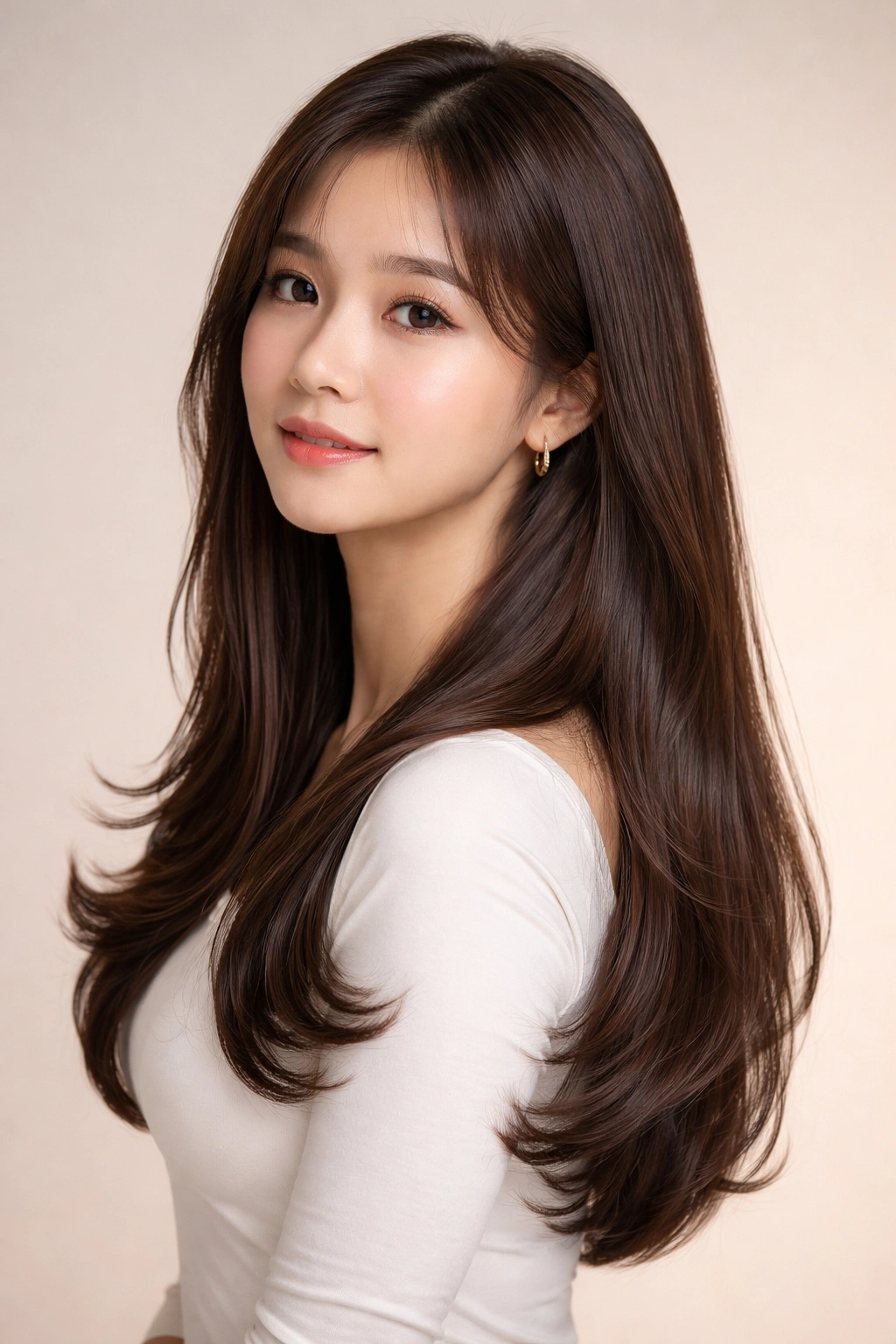 Model showing sleek long layers with inward-curving undercurl at the ends