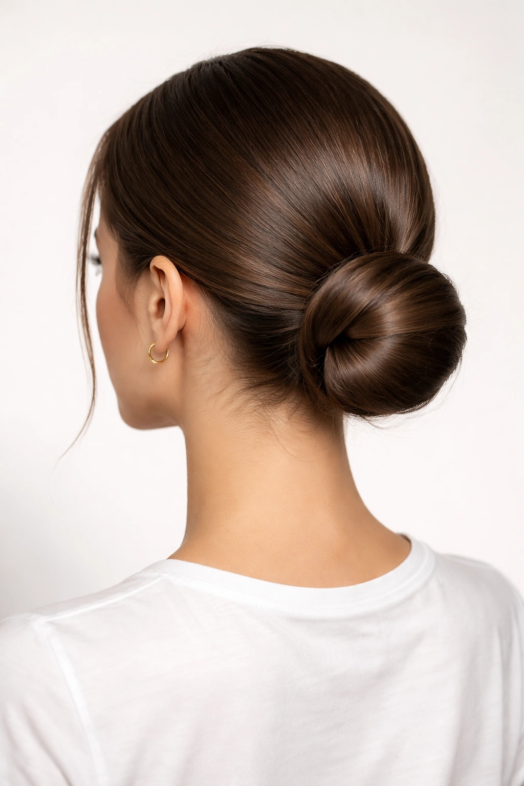 Sleek Low Bun: polished bun at the nape with a smooth finish.