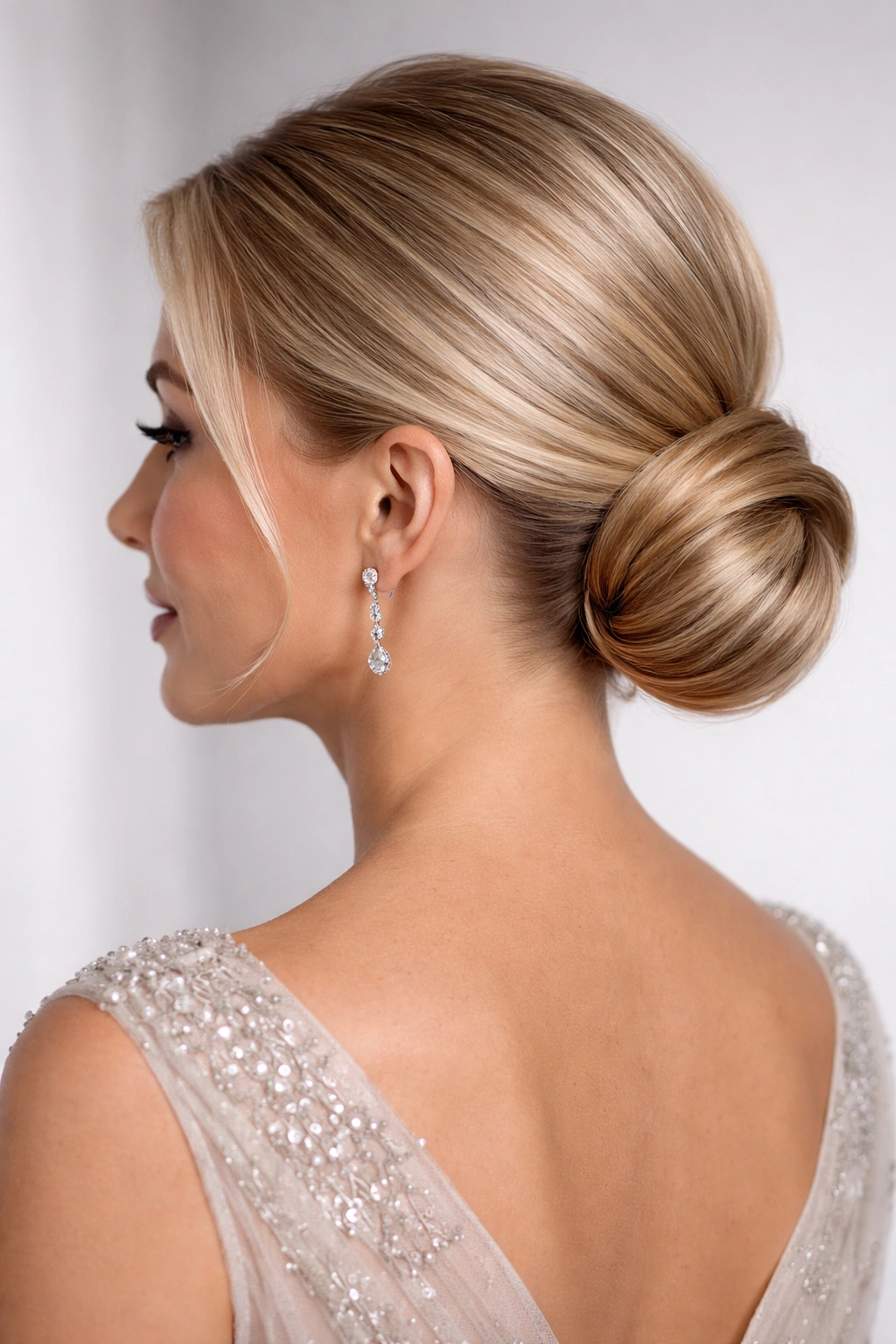 Sleek low bun hairstyle on short hair with clean lines