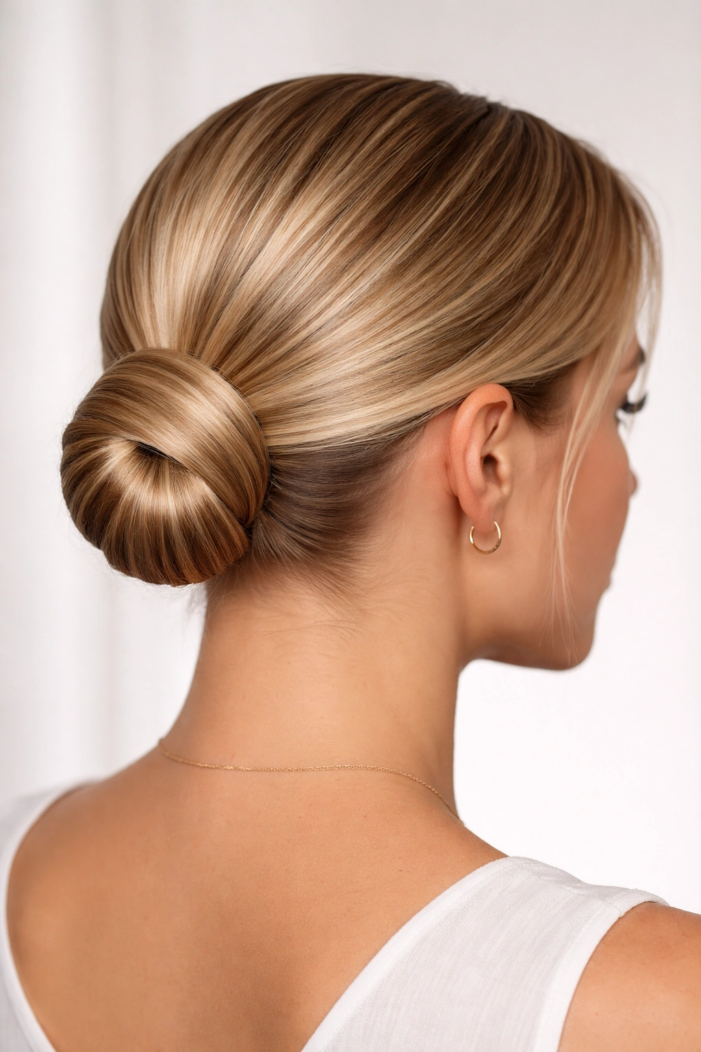 Close-up of a sleek low bun at the nape of the neck