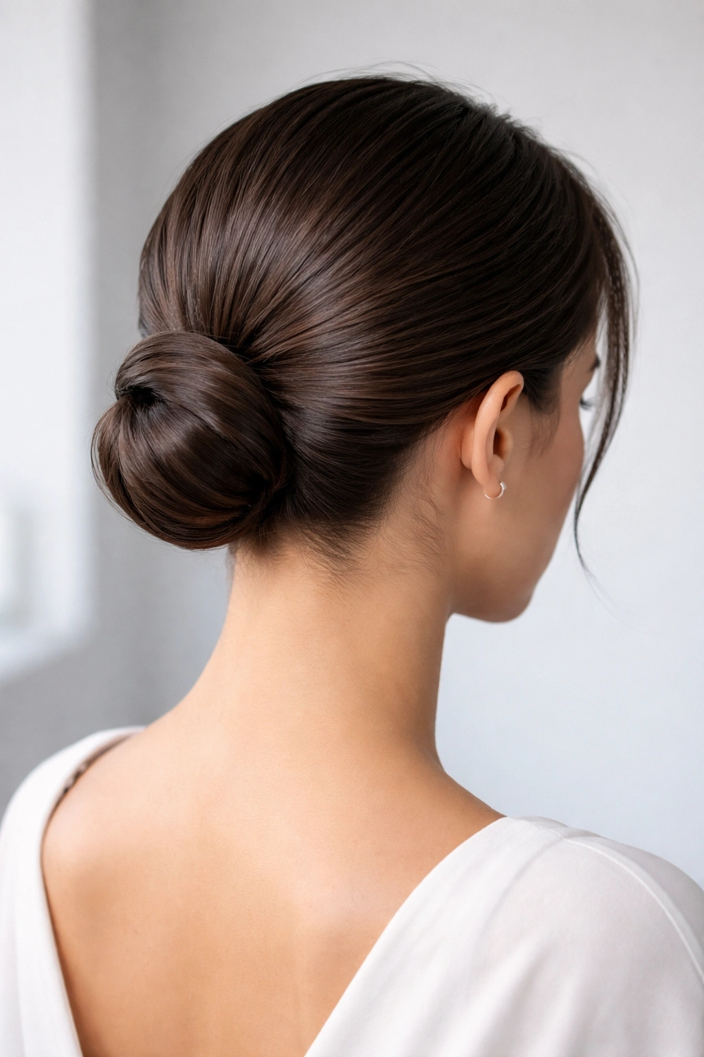 Back view of a sleek low bun with sculptural shape on short hair.