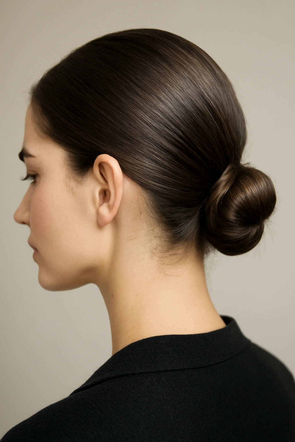15 Ponytail Hairstyles for Work and Nights Out 5 Sleek low bun formed from a low ponytail at the nape with polished finish.