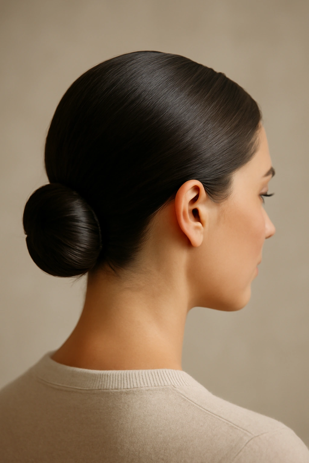 10 Effortlessly Polished Hairstyles for Your Birthday 1 Close-up of a sleek low bun at the nape with smooth, polished hair