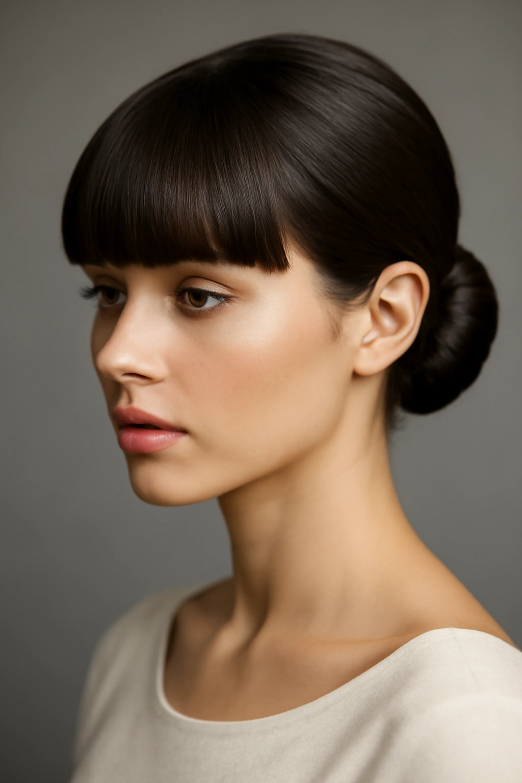 10 Wedding Hairstyles That Look Gorgeous With Bangs 2 Bridal portrait showing a sleek low bun and blunt fringe for a modern, polished look