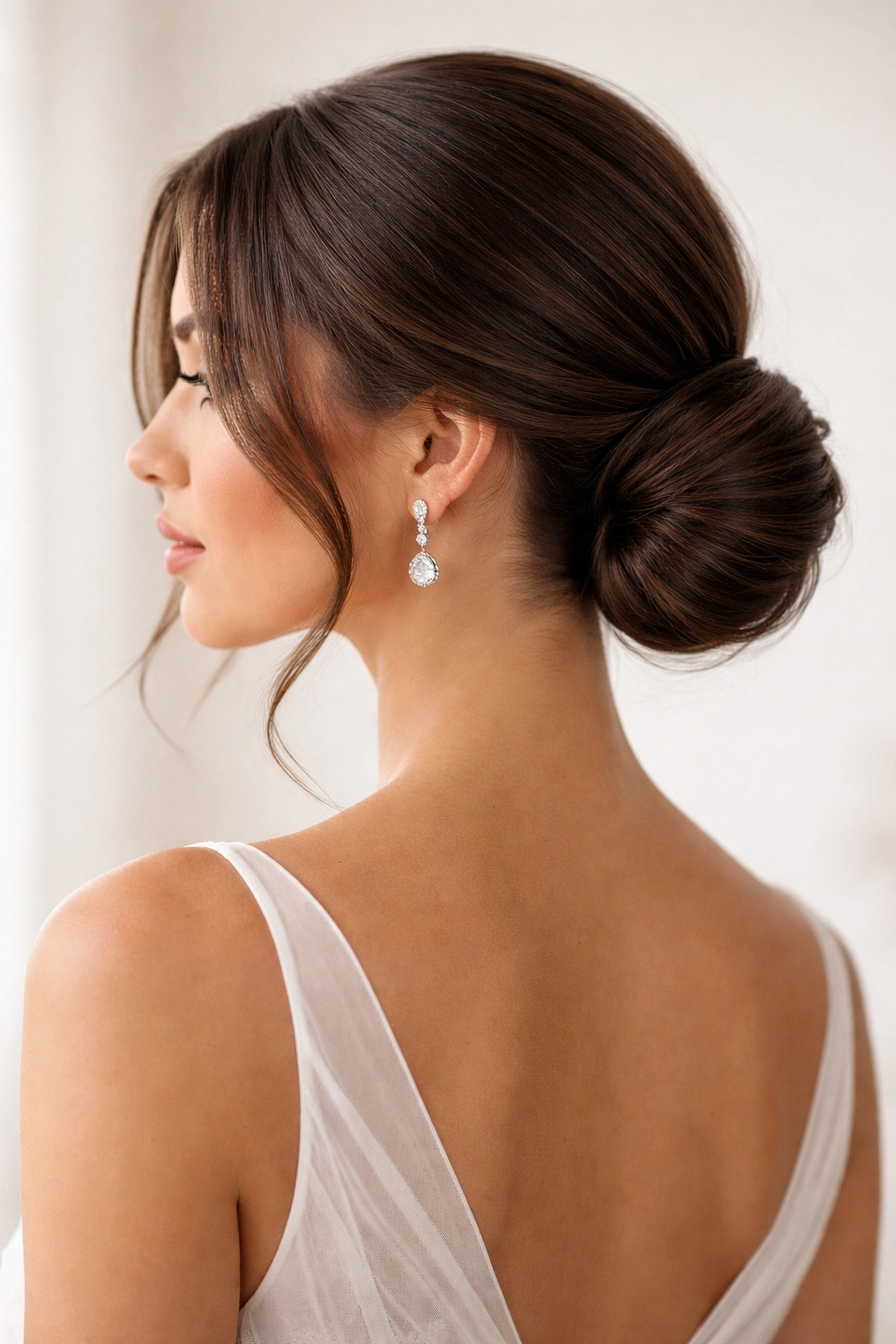 Close-up of a sleek low bun with face-framing layers