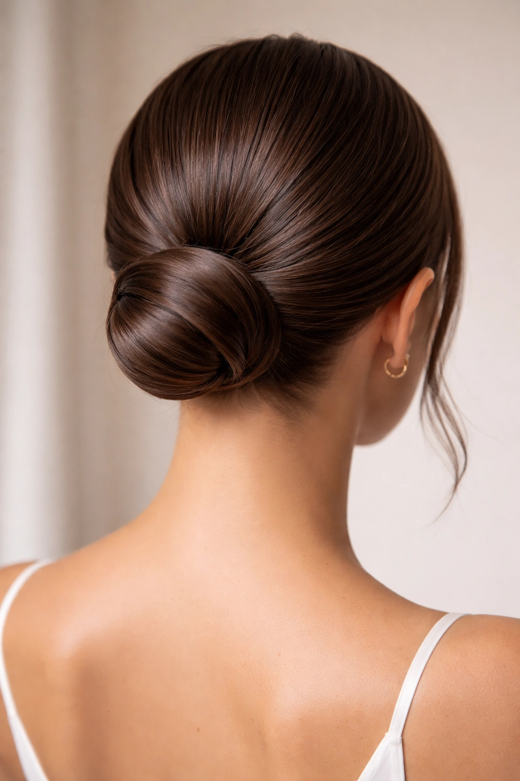 Close-up back view of a sleek low bun at the nape with smooth, polished hair