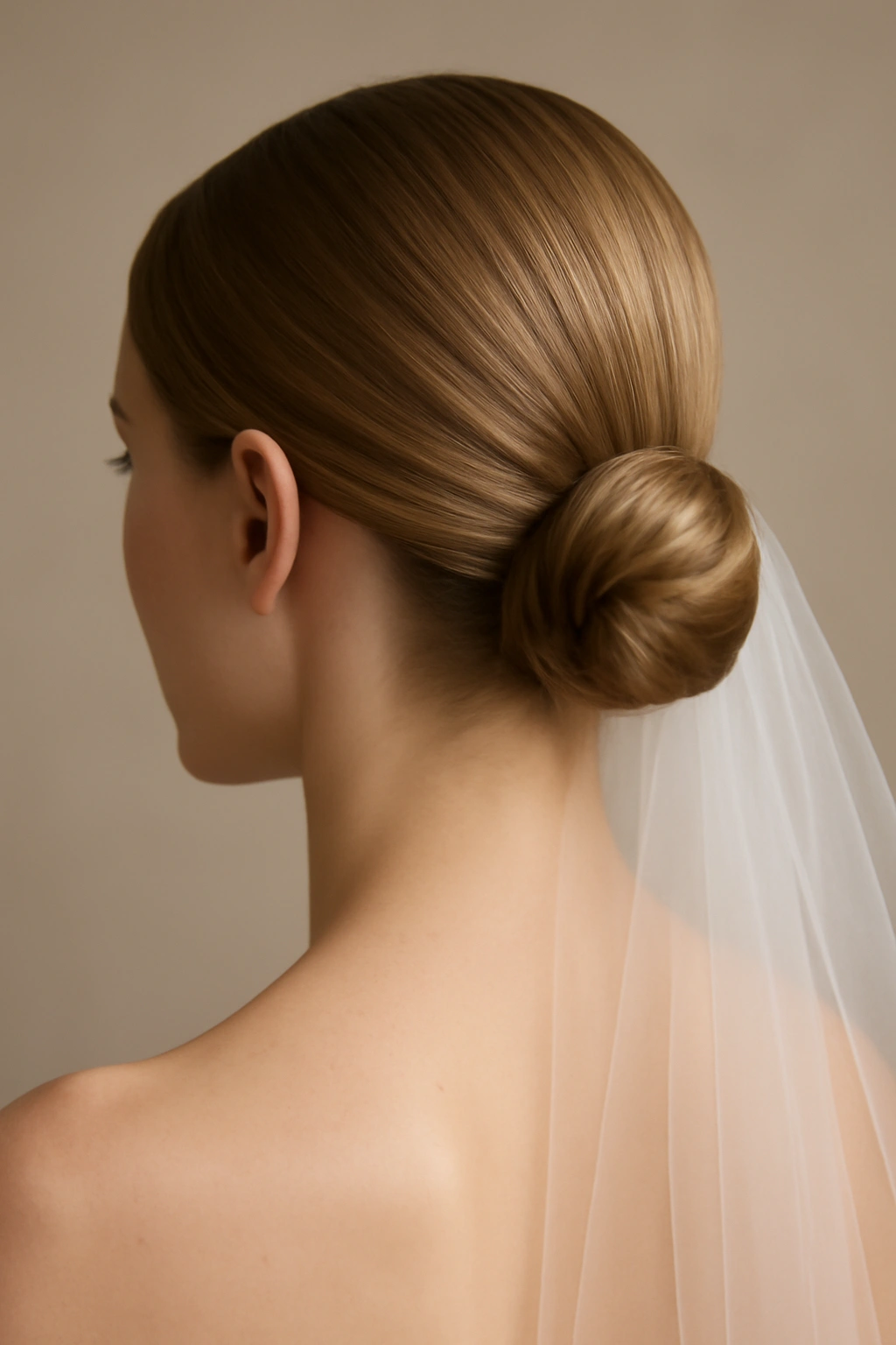 20 Wedding Hairstyles Matched to Your Hair Type 1 Close-up of an off-center sleek low bun on fine straight hair with a bridal veil