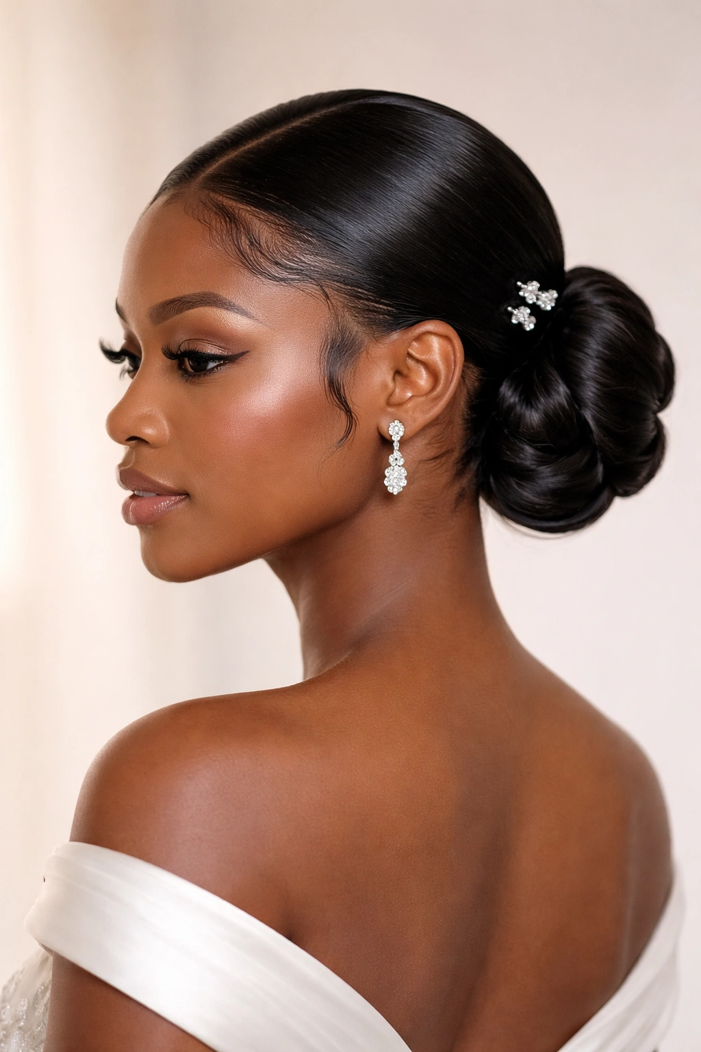 Close-up of a sleek low bun with defined edges for bridal styling.