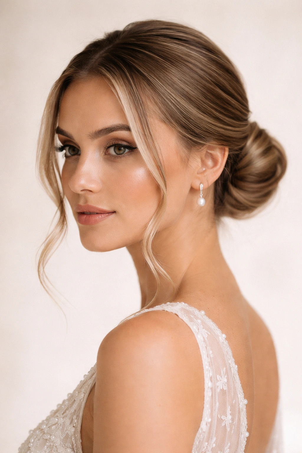 Close-up of a sleek low bun with face-framing pieces on short hair